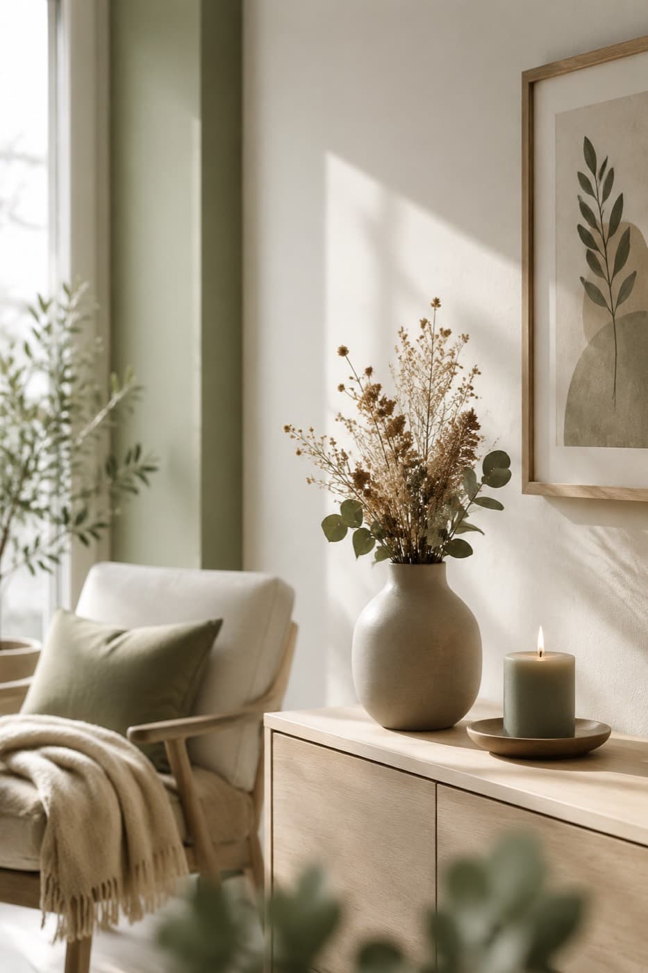 A sunlit living room styled with a seasonal Trendgrp decor kit